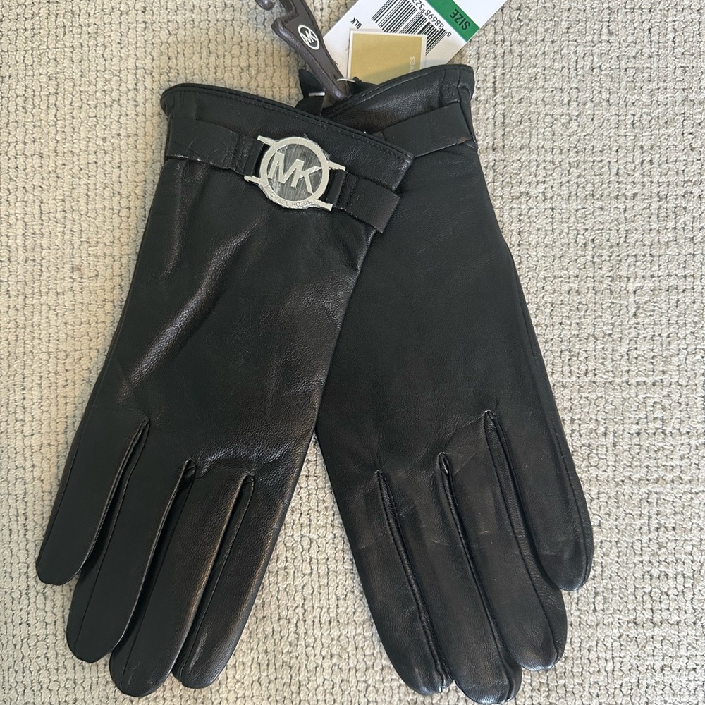 Michael Kors Women's Black Leather Gloves with Silver Logo